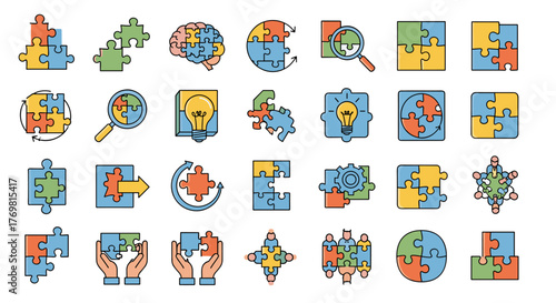 Vivid collection of puzzle pieces and related concepts, including brains, lightbulbs, gears, and team collaboration, presented as editable stroke vector cartoon illustrations perfect for