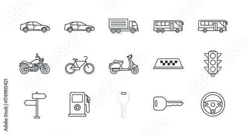 Collection of clean, minimalist line art icons representing various modes of road transport and related elements, including cars, trucks, buses, motorcycles, bicycles, scooters, taxis, traffic