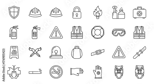 Comprehensive set of editable line icons representing protection and safety, featuring a shield, hard hats, lock, fire, first aid kit, fire extinguisher, warning signs, safety vests, lifebuoy