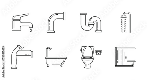 Set of minimalistic linear icons representing bathroom fixtures and plumbing elements, including a dripping faucet, various pipes, a shower, a bidet, a bathtub, a toilet with a paper holder, and a