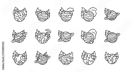 Set of stylized planets engulfed in flames, presented as outline line icons. These celestial bodies feature diverse surface patterns, including swirling lines, abstract shapes, and rings, all