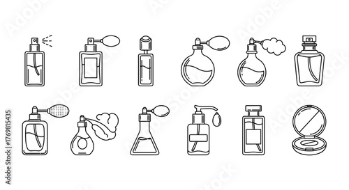 Set of minimalistic linear icons representing perfume bottles and related elements, perfect for web design, graphic design, app interfaces, banners, social media, and greeting cards. This collection