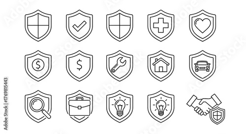 Vector cartoon illustration of a shield and insurance bundle of related line icons, featuring outline signs perfect for graphic and web design, apps, adverts, and various cards, symbolizing