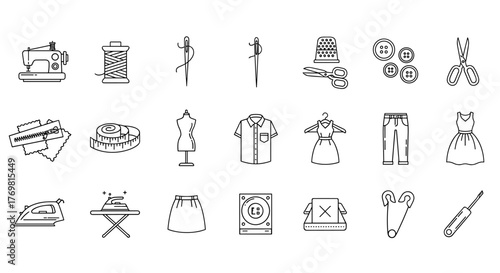 A comprehensive collection of thin line icons representing sewing and garment-related items, including a sewing machine, thread spool, needles, thimble, buttons, scissors, zipper, measuring tape