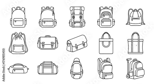 Collection of outline vector icons representing various types of bags, including school bags, backpacks for tracking and hiking, duffel bags, satchels, and tote bags, perfect for infographics