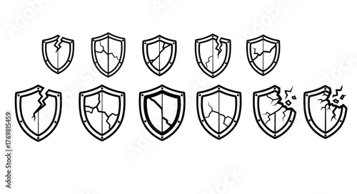 Collection of cracked and intact shield icons, representing security, protection, and vulnerability, suitable for graphic design, app interfaces, and conceptual illustrations on a clean white