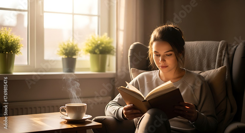 Woman reading book with cup of coffee