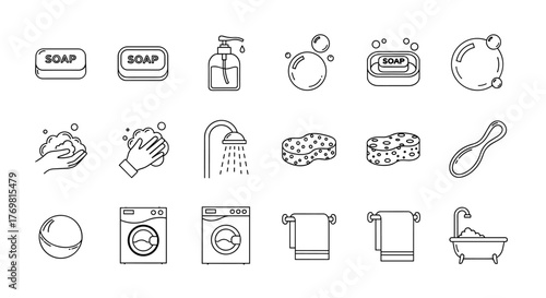 Set of minimalist thin outline icons representing hygiene and cleanliness, including soap bars, liquid soap dispenser, hands washing, shower, sponges, washing machine, towels, and bathtub, perfect