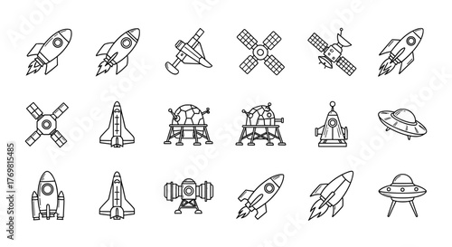 Collection of outline icons representing various spacecraft, including rockets, space shuttles, satellites, lunar modules, and UFOs, perfect for infographics, articles, books, flyers, and banners