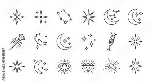 A collection of thin line icons featuring sparkles and stars, perfect for web, books, cards, and apps. This editable stroke vector cartoon illustration set includes various celestial and decorative