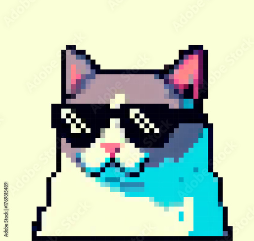 Vector illustration in pixel art style, featuring a cool meme cat wearing black sunglasses. The cat is composed of simple geometric shapes and uses pastel blue, grey, and pink colors.