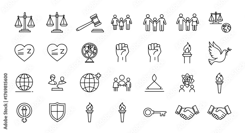 Naklejka premium Human rights line icon set: simple outline symbols of justice, law, equality, social activism, freedom, peace, and family. Vector icons collection featuring scales of justice, gavel, family