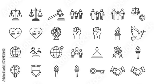 Human rights line icon set: simple outline symbols of justice, law, equality, social activism, freedom, peace, and family. Vector icons collection featuring scales of justice, gavel, family