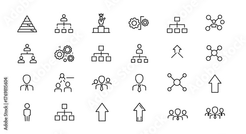 Hierarchy thin line icon set, organization, leadership, management, ordered line icons on white background, editable stroke icons, business structure, team, career growth, strategy, planning