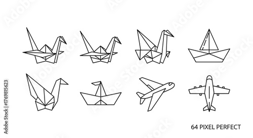 Set of minimalist origami flat line icons featuring paper cranes, a boat, and airplanes, representing Japanese creative hobby and travel, presented as thin signs with pixel-perfect 64x64 design for