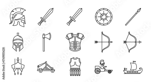 Set of Archaic War Related Vector Line Icons: A collection of meticulously crafted, pixel-perfect icons representing ancient warfare, including a helmet, sword, shield, and more. Each icon features
