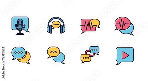 Set of eight flat design icons representing podcasting and communication, including a microphone, headphones, speech bubbles with sound waves, and a play button, all in a vibrant, cartoonish style