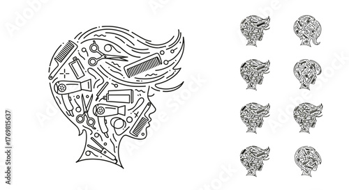 Creative vector illustration of a woman's profile composed of various hairdressing tools and elements, symbolizing beauty salon services and professional hairstyling, with a set of smaller profile