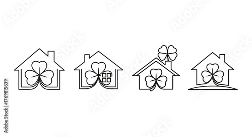 Set of four stylized house logos featuring a three-leaf clover motif, presented as clean line art on a white background, symbolizing luck, home, and nature in a minimalist design.