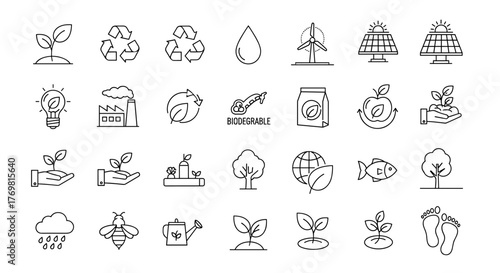 Set of thin line icons related to sustainability, environmental, ecological, recycling, green, organic, industry, linear ecology simple symbol collection, representing concepts like renewable energy