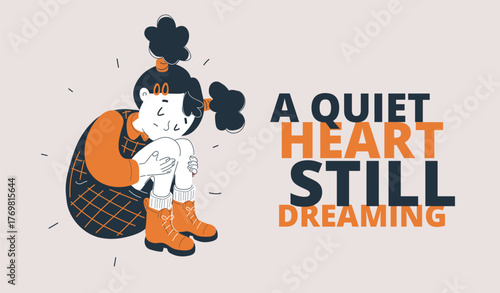 Vector illustration of girl sitting and dreaming with quote A Quiet Heart Still Dreaming symbolizing peace and hope.
