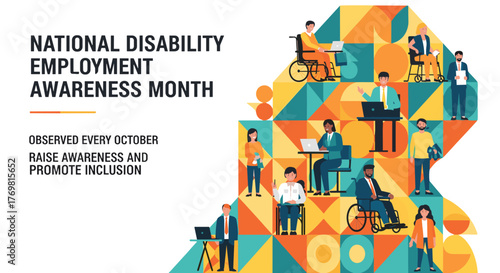 National Disability Employment Awareness Month banner design with geometric pattern background, observed every October to promote inclusion and raise awareness, featuring diverse people working