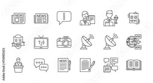 A comprehensive set of vector line icons representing news and mass media, including symbols for newspapers, journalists, fake news alerts, television broadcasting, cameras, satellite dishes, global