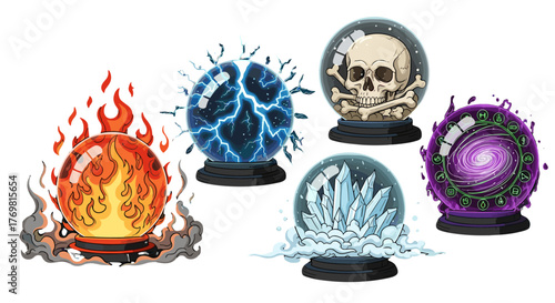 Set of five magical crystal balls, isolated on a black background, featuring fire, lightning, crystals, a skull with crossbones, and a swirling galaxy with arcane symbols, presented as a vector