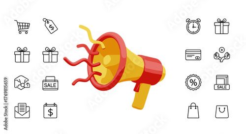 Vivid 3D megaphone illustration announcing a flash sale, surrounded by icons representing shopping carts, price tags, gift boxes, credit cards, sale signs, shopping bags, and calendars with dollar