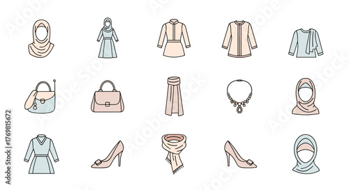 Set of Islamic fashion icons, including hijabs, dresses, blouses, skirts, handbags, necklaces, and high heels, presented in a clean, modern vector illustration style suitable for fashion blogs