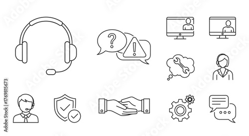 Set of outline icons representing online support and customer service, including a headset, chat bubbles with question and exclamation marks, computer screens with people, a wrench in a thought