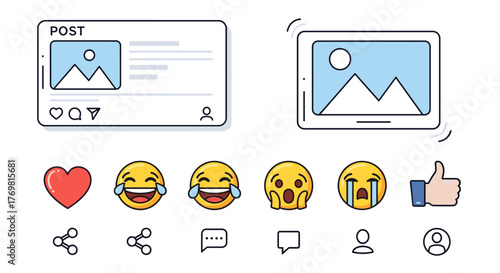 Collection of social media interface elements and emoji reactions, including a post template, tablet display, and various expressive emoticons like laughing, crying, and surprised faces, alongside