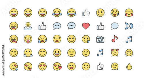 Vibrant and Diverse Social Media Emoji Icons Set: A Comprehensive Collection of Expressive Emoticons, Symbols, and Gestures for Digital Communication, Featuring Laughing Faces, Thumbs Up, Hearts