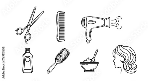 A clean and modern vector illustration set featuring essential hair salon tools and a woman's silhouette, perfect for branding and design, presented on a white background with a crisp outline style.