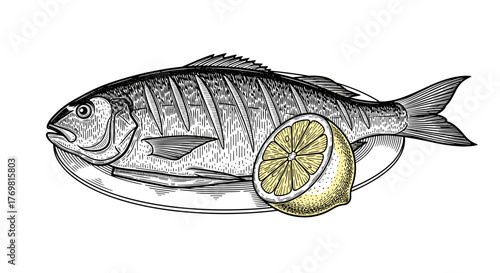 Engraved illustration of a whole grilled fish with a slice of lemon, presented on a dark background, evoking a retro culinary design aesthetic, perfect for food blogs, restaurant menus, and