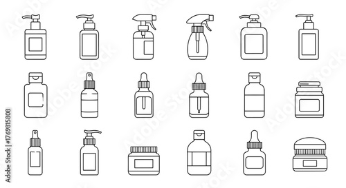 Collection of cosmetic bottles and containers in a simple linear outline style, featuring pump dispensers, spray bottles, dropper bottles, and jars, perfect for web, books, cards, and app designs