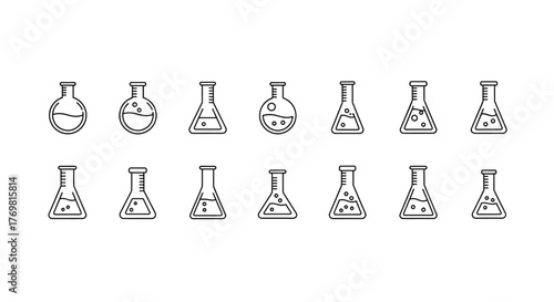 Set of minimalistic linear laboratory flasks, including Erlenmeyer and round-bottom flasks, some containing liquid and bubbles, presented as a clean vector cartoon illustration on a black background