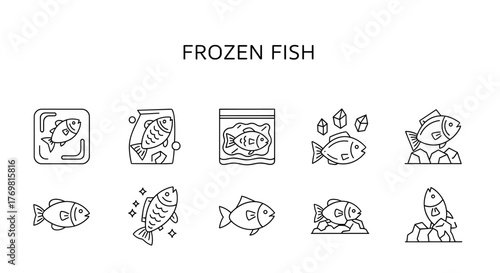 Set of minimalistic linear icons and illustrations representing frozen fish, suitable for web, graphic design, apps, banners, social networks, and cards. This vector cartoon collection features