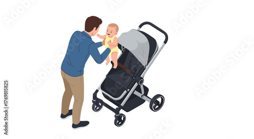 Isometric illustration of a father lovingly lifting his baby into a modern stroller, capturing a heartwarming moment of family bonding and everyday parenting, perfect for themes of childhood, care