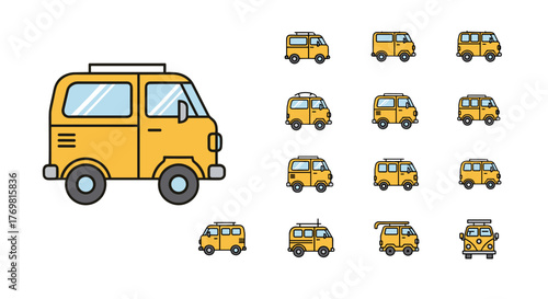 Collection of yellow van icons, featuring a variety of minimalistic linear pictograms perfect for web and graphic design, apps, banners, social networks, and cards. This vector set includes different