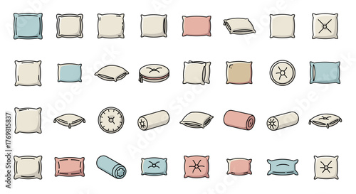 Collection of simple pillow and cushion icons, featuring various shapes and colors including squares, rectangles, and round designs, with editable strokes, perfect for infographics, articles, books