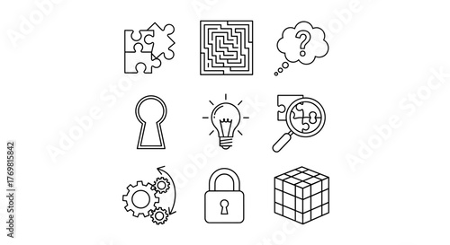 Creative Brainstorming and Problem Solving Concept: A stylized illustration of a human head silhouette filled with a complex maze or puzzle, symbolizing intricate thought processes, mental