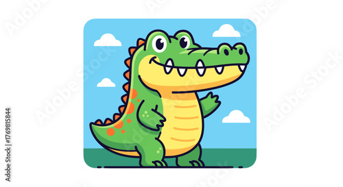 Vibrant and playful cartoon crocodile illustration, featuring a friendly green reptile with orange spots, a wide smile, and big eyes, set against a bright blue sky with stylized black clouds and a