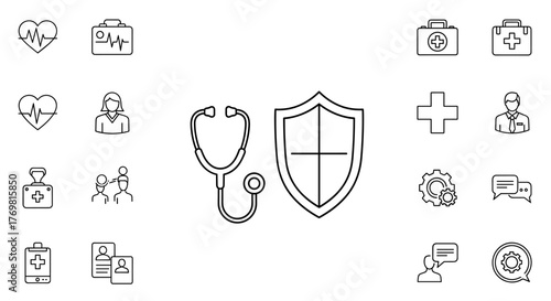 Minimalistic line icon of a stethoscope near a shield, symbolizing healthcare, protection, and medical services. Ideal for web, graphic design, apps, banners, social networks, and cards. Vector