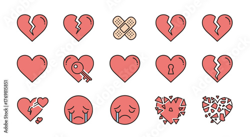 A collection of stylized, flat design icons representing various states of the heart, including broken hearts, a heart with a keyhole, a heart with a key, a heart being repaired with bandages, and