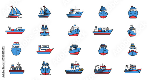 Collection of 15 simple, linear, filled color icons of blue and red ships, presented in a minimalistic linear pictogram style. Ideal for web and graphic design, apps, banners, social networks, and