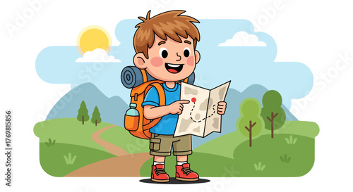 Joyful cartoon boy with a large orange backpack and rolled sleeping bag, enthusiastically studying a treasure map with a red marker, ready for an outdoor adventure in a scenic landscape with rolling