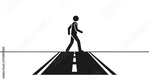 A minimalist, modern silhouette of a person walking across a road with dashed white lines, symbolizing travel, journey, and pedestrian crossing. This vector graphic is perfect for representing