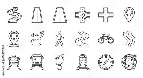 A diverse collection of line icons representing various aspects of travel, navigation, and direction, including roads, paths, map pins, and directional signs, presented in a clean, modern, and