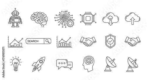 Set of minimalist line-style icons representing artificial intelligence, machine learning, and AI technology concepts, including a robot, brain, computer chip, cloud storage, search bar, graphs